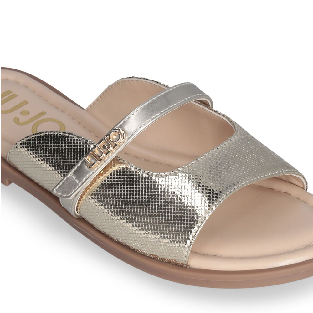 LIU JO – Flache Sandalen Amira 933 mit laminiertem Effekt und hellgoldenem Python-Print