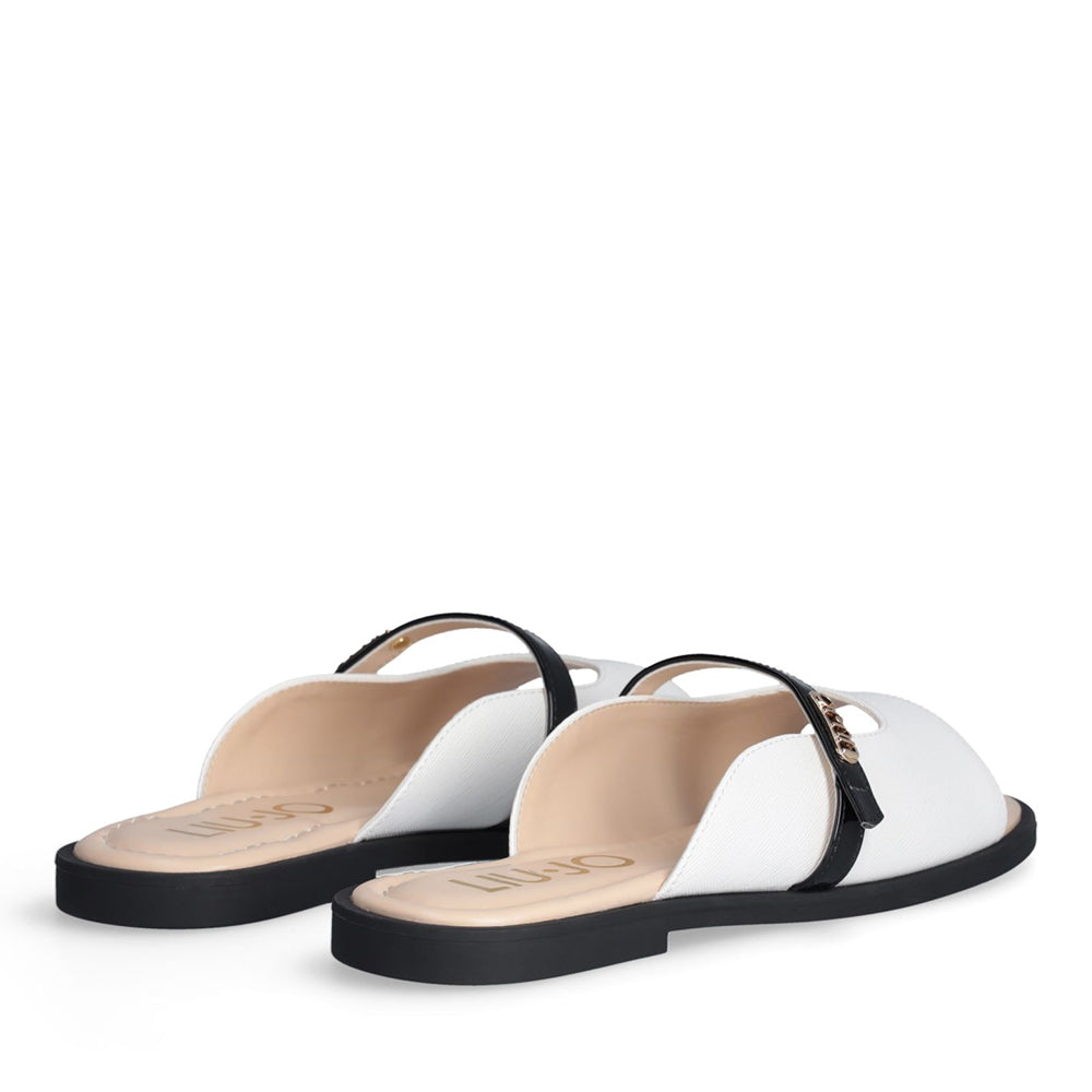 LIU JO Amira 933 Flache Sandalen in weißem Saffiano-Print mit schwarzem Riemen