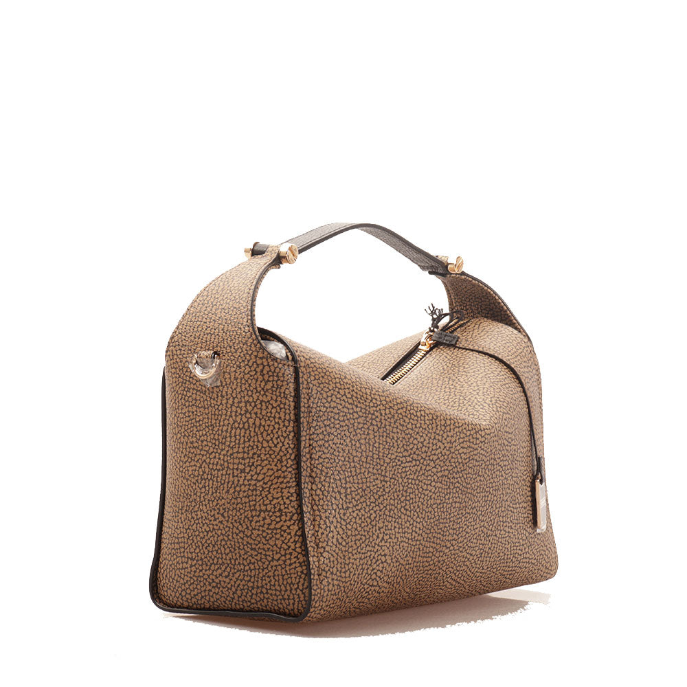 Borsa Donna Bauletto a Mano BORBONESE linea Livre Medium in Tela Rivestita OP e Pelle Nera