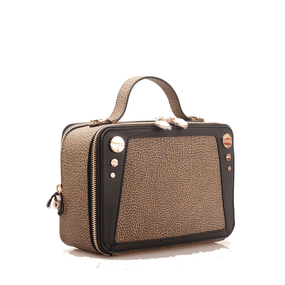 Camera Case Donna Media BORBONESE linea Road in Tela Rivestita stampa OP Naturale e Pelle Nera