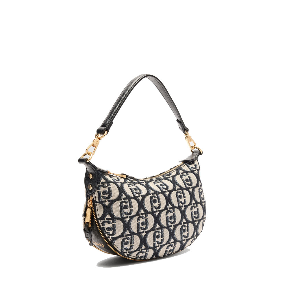 Hobo Bag Small con Tracolla LIU JO in Tessuto Jacquard con Logo All Over Nero