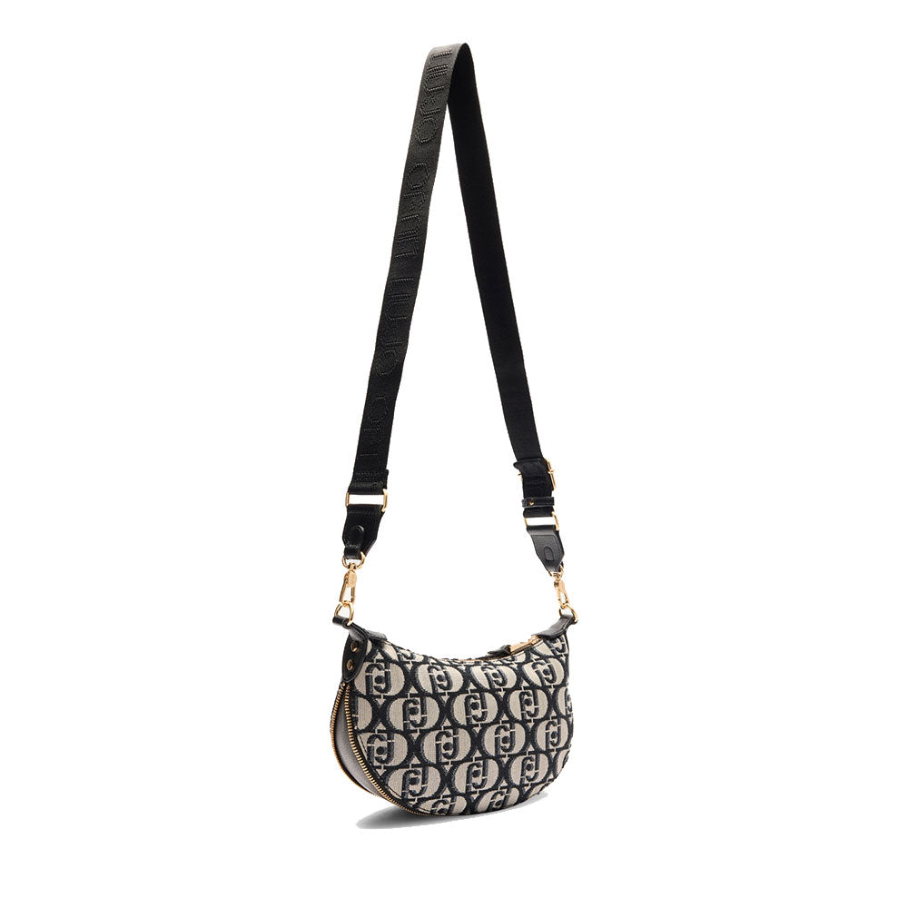 Hobo Bag Small con Tracolla LIU JO in Tessuto Jacquard con Logo All Over Nero