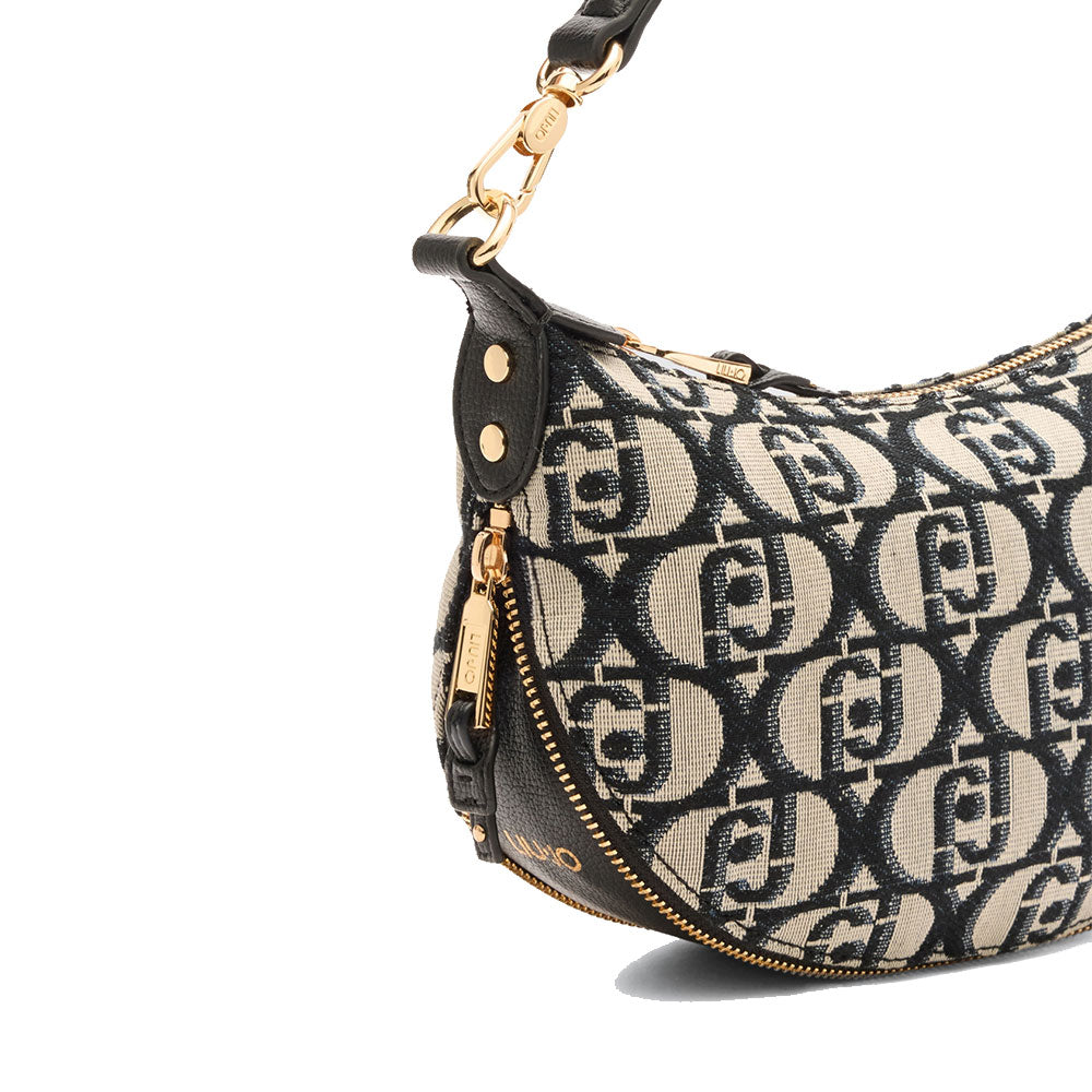 Hobo Bag Small con Tracolla LIU JO in Tessuto Jacquard con Logo All Over Nero