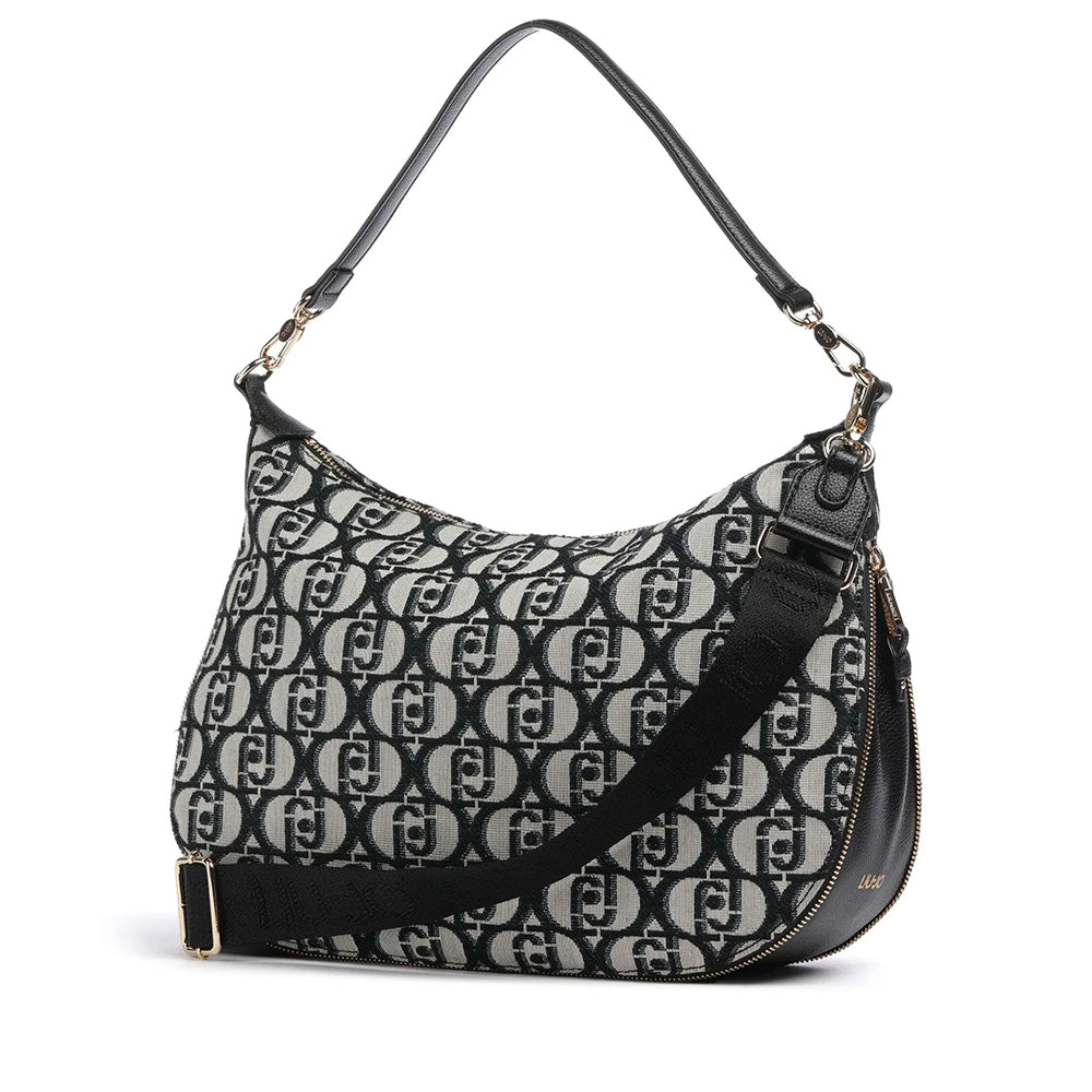 Hobo Bag Large con Tracolla LIU JO in Tessuto Jacquard con Logo All Over Nero