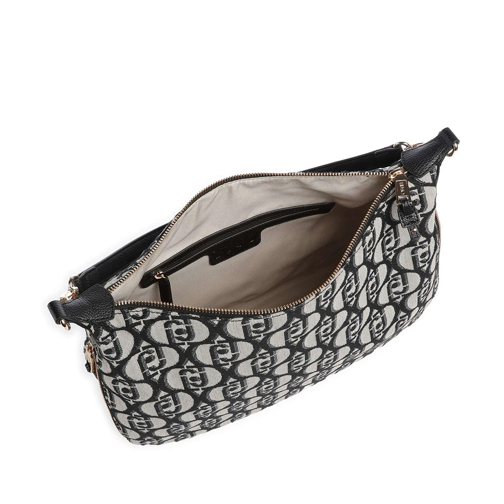 Hobo Bag Large con Tracolla LIU JO in Tessuto Jacquard con Logo All Over Nero