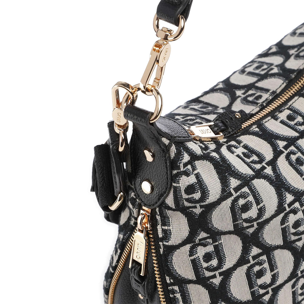 Hobo Bag Large con Tracolla LIU JO in Tessuto Jacquard con Logo All Over Nero