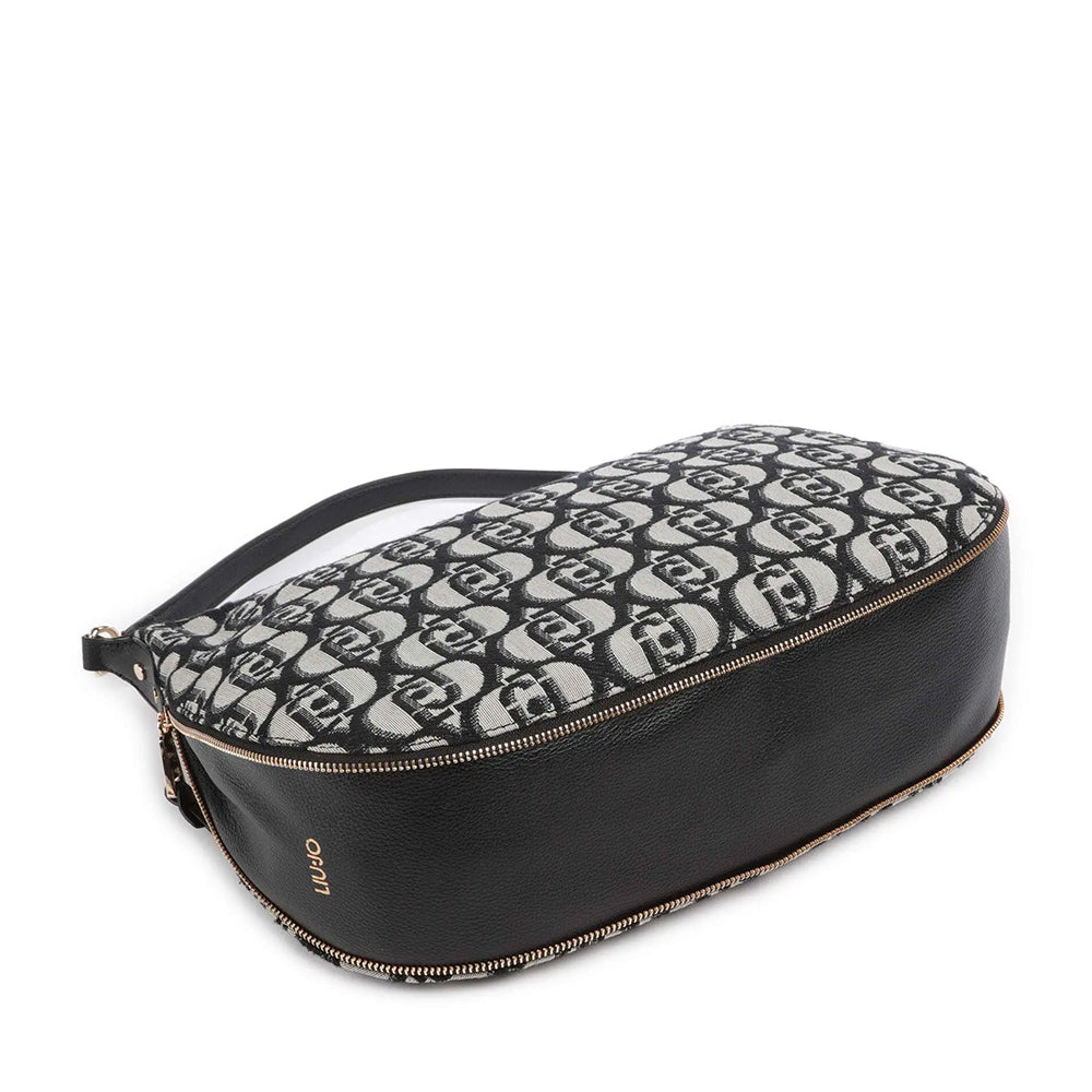 Hobo Bag Large con Tracolla LIU JO in Tessuto Jacquard con Logo All Over Nero