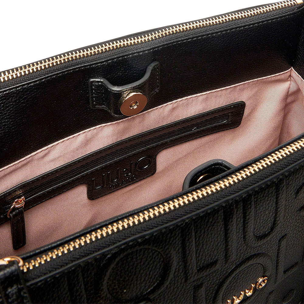 Borsa Donna a Mano Media LIU JO effetto Bottalato con Logo in Rilievo All Over Nero