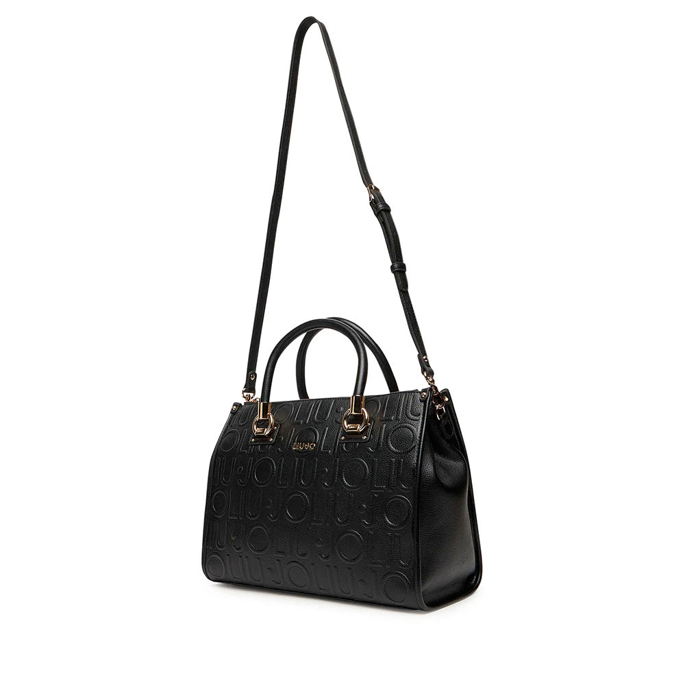 Borsa Donna a Mano Media LIU JO effetto Bottalato con Logo in Rilievo All Over Nero