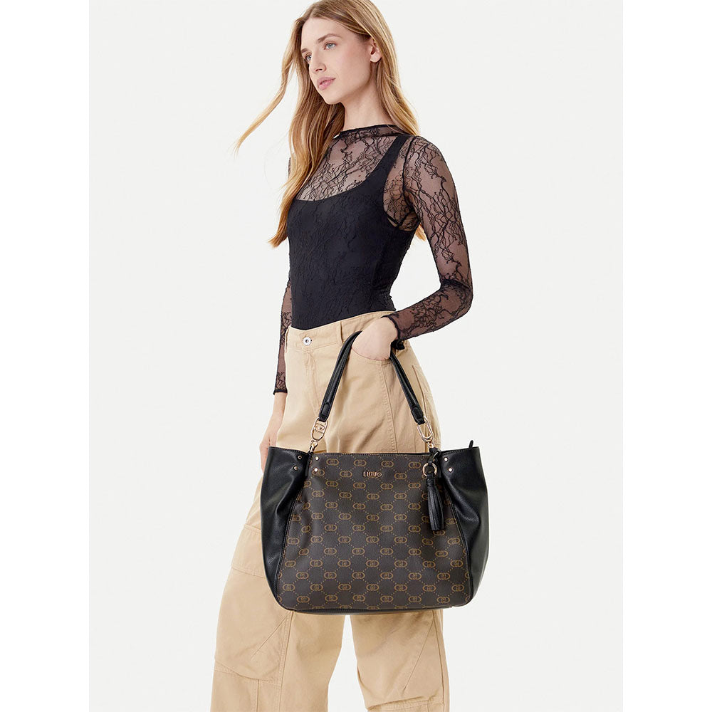 Shopping Bag LIU JO Marrone con Logo Monogram e Inserto effetto Bottalato Nero