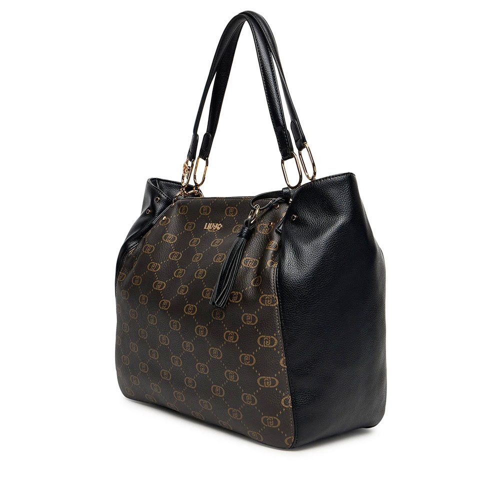 Shopping Bag LIU JO Marrone con Logo Monogram e Inserto effetto Bottalato Nero