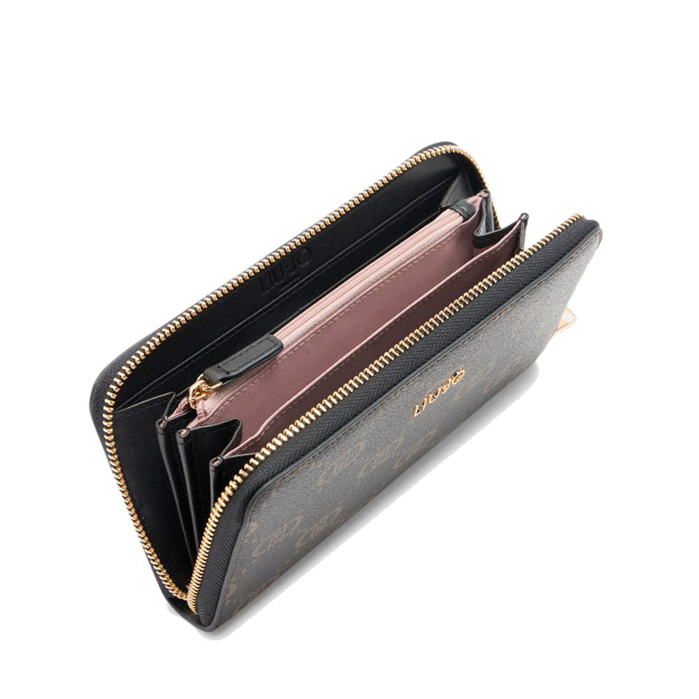Portafoglio Donna Zip Around LIU JO Better Marrone stampa Logo All Over con Inserto Nero