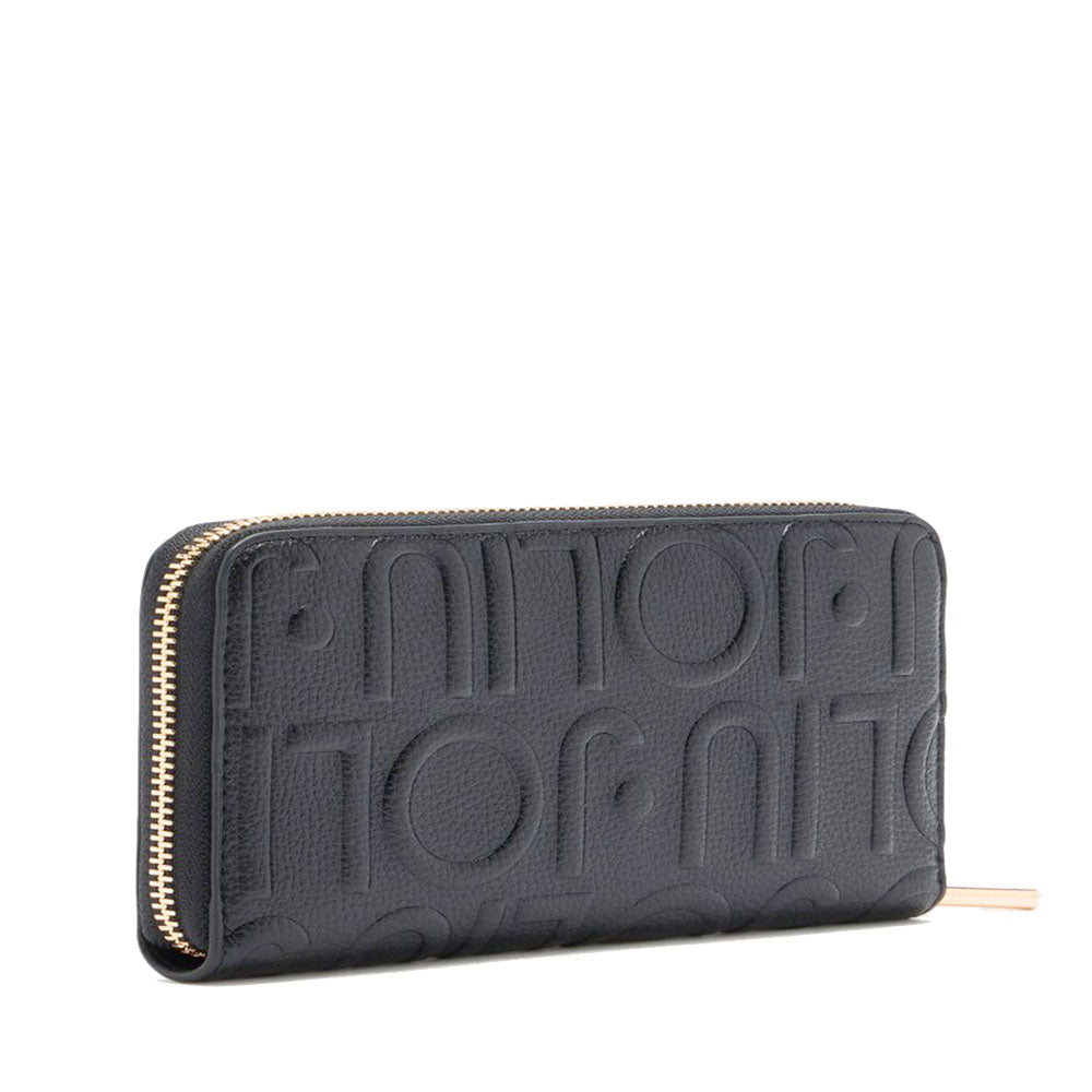 Portafoglio Donna Zip Around LIU JO Better effetto Bottalato con Logo in Rilievo All Over Nero