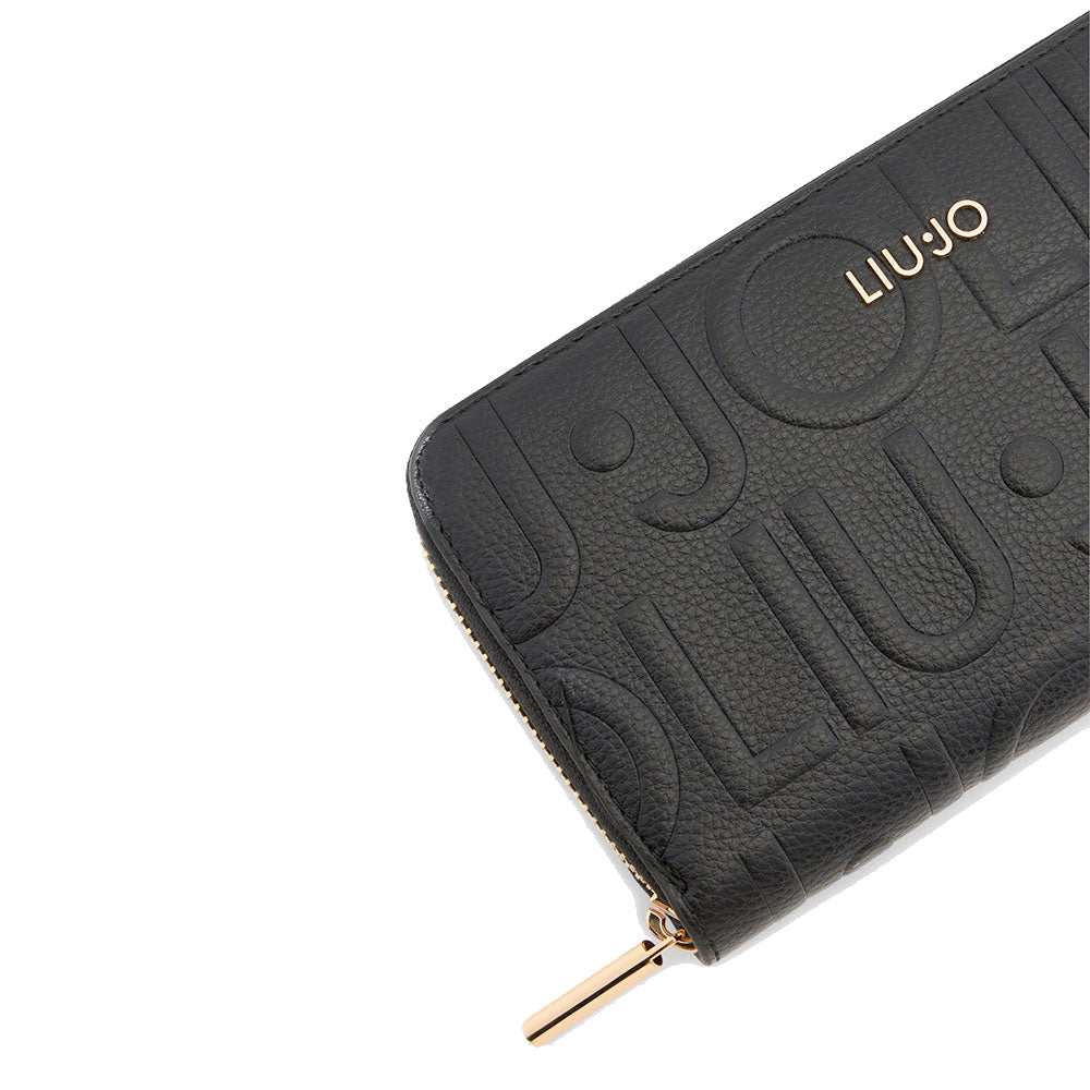 Portafoglio Donna Zip Around LIU JO Better effetto Bottalato con Logo in Rilievo All Over Nero