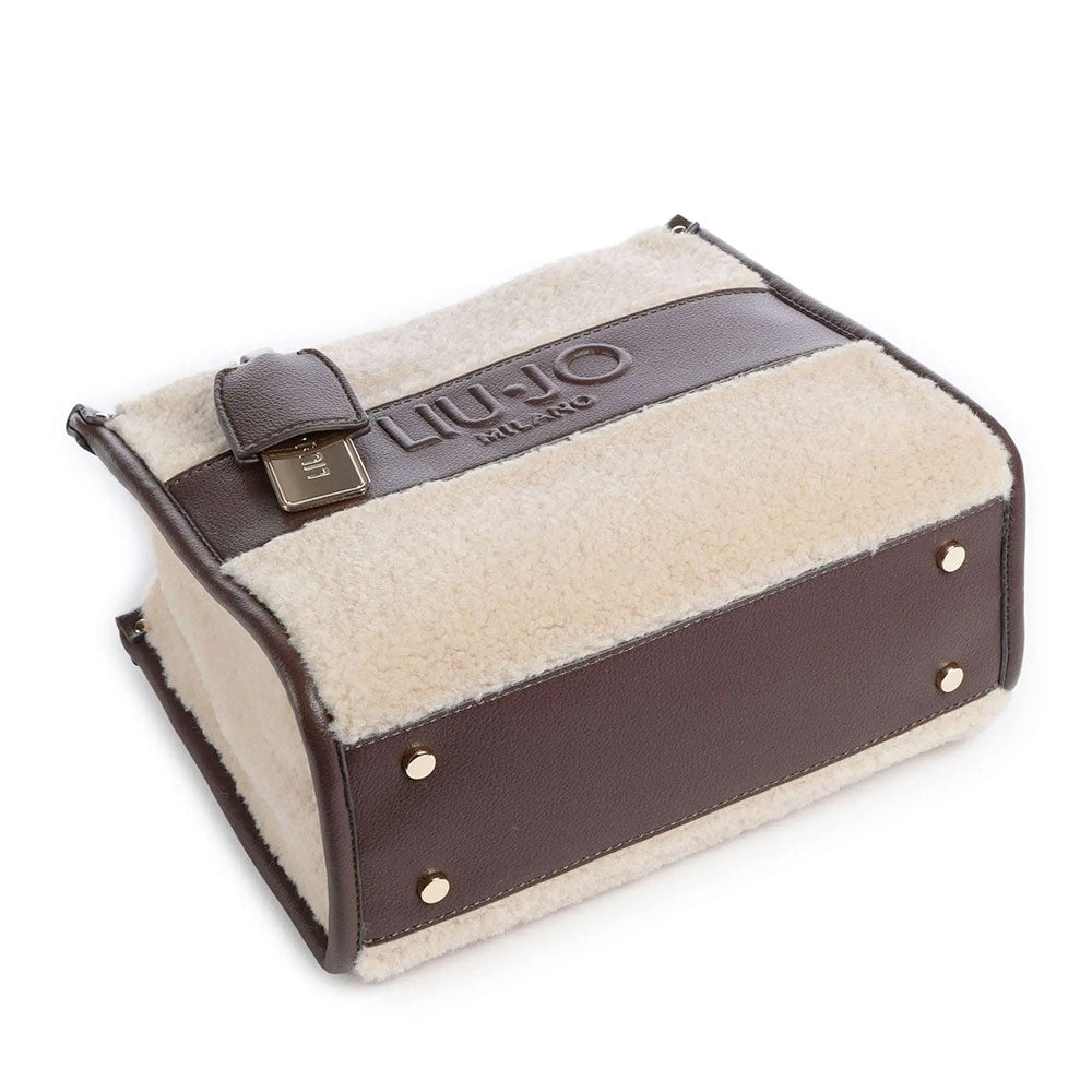 Borsa Donna a Mano LIU JO effetto Bottalato Moro Light con Inserti in Teddy Bianco