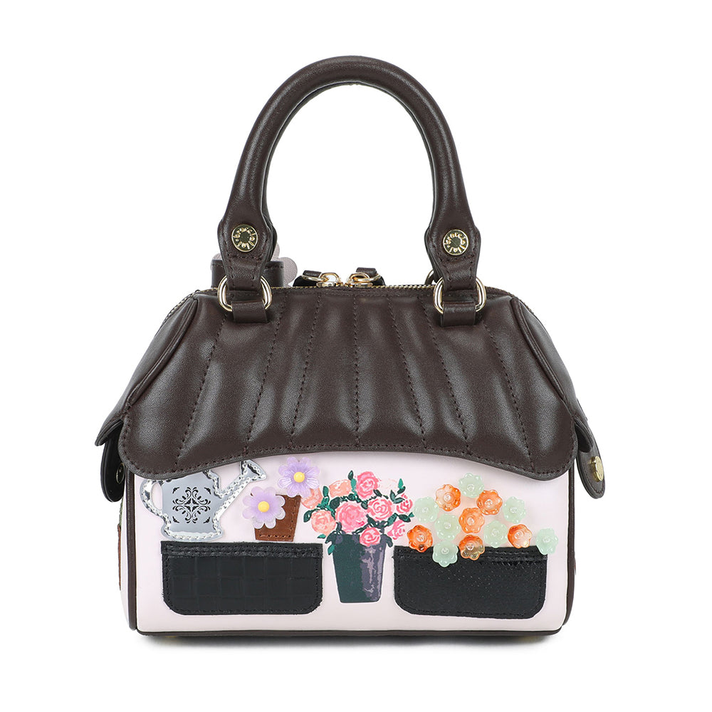 BRACCIALINI Damenhandtasche, Shape Line, aus dunkelbraunem Leder mit Flower Shop-Print