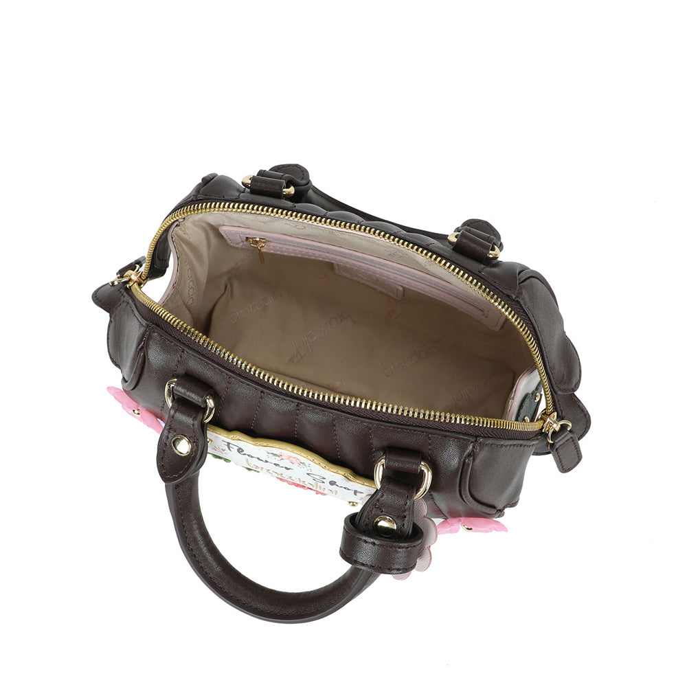 BRACCIALINI Damenhandtasche, Shape Line, aus dunkelbraunem Leder mit Flower Shop-Print