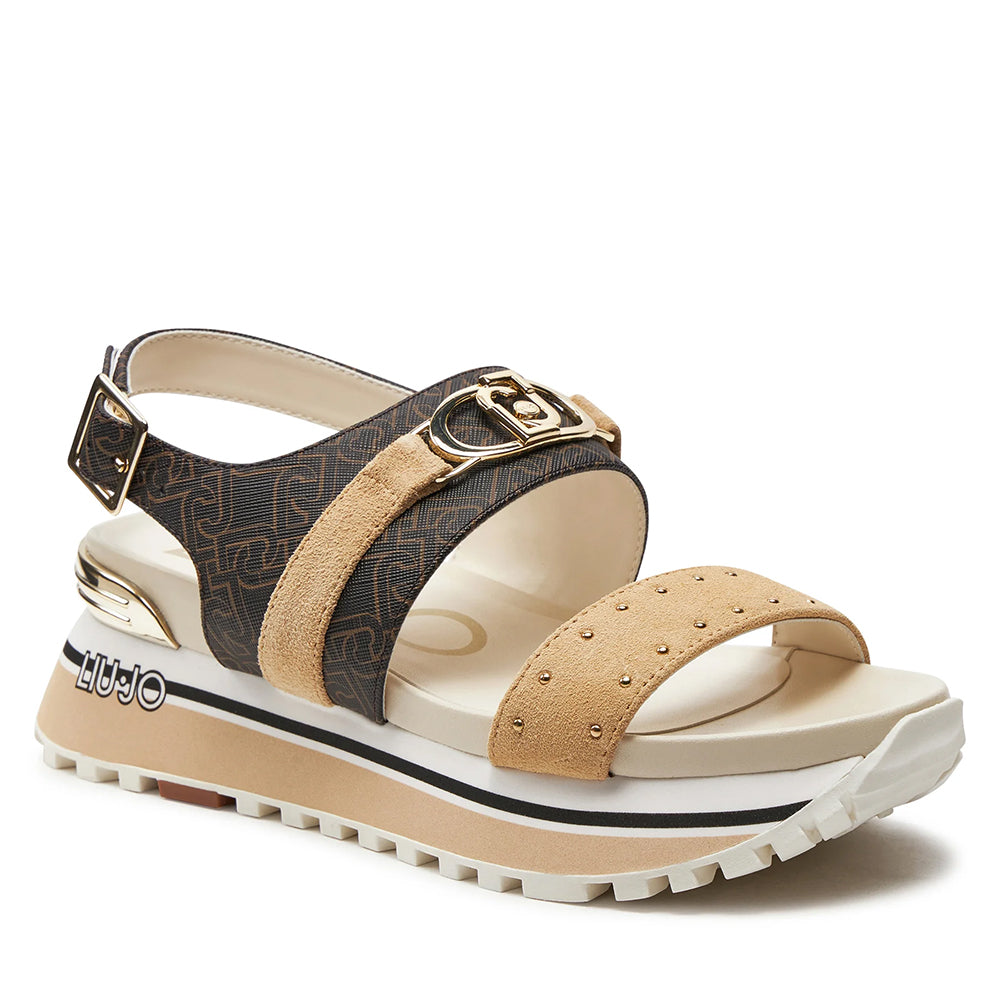 Sandali Platform LIU JO Maxi Wonder Sandal 27 in Pelle con Inserti Monogram Marrone e Beige