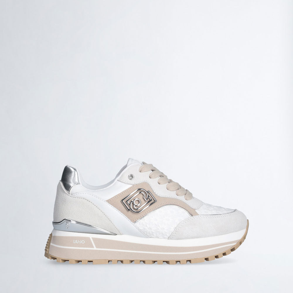 Sneakers Platform Donna LIU JO Maxi Wonder 73 in Suede e Ricamo Floreale Off White