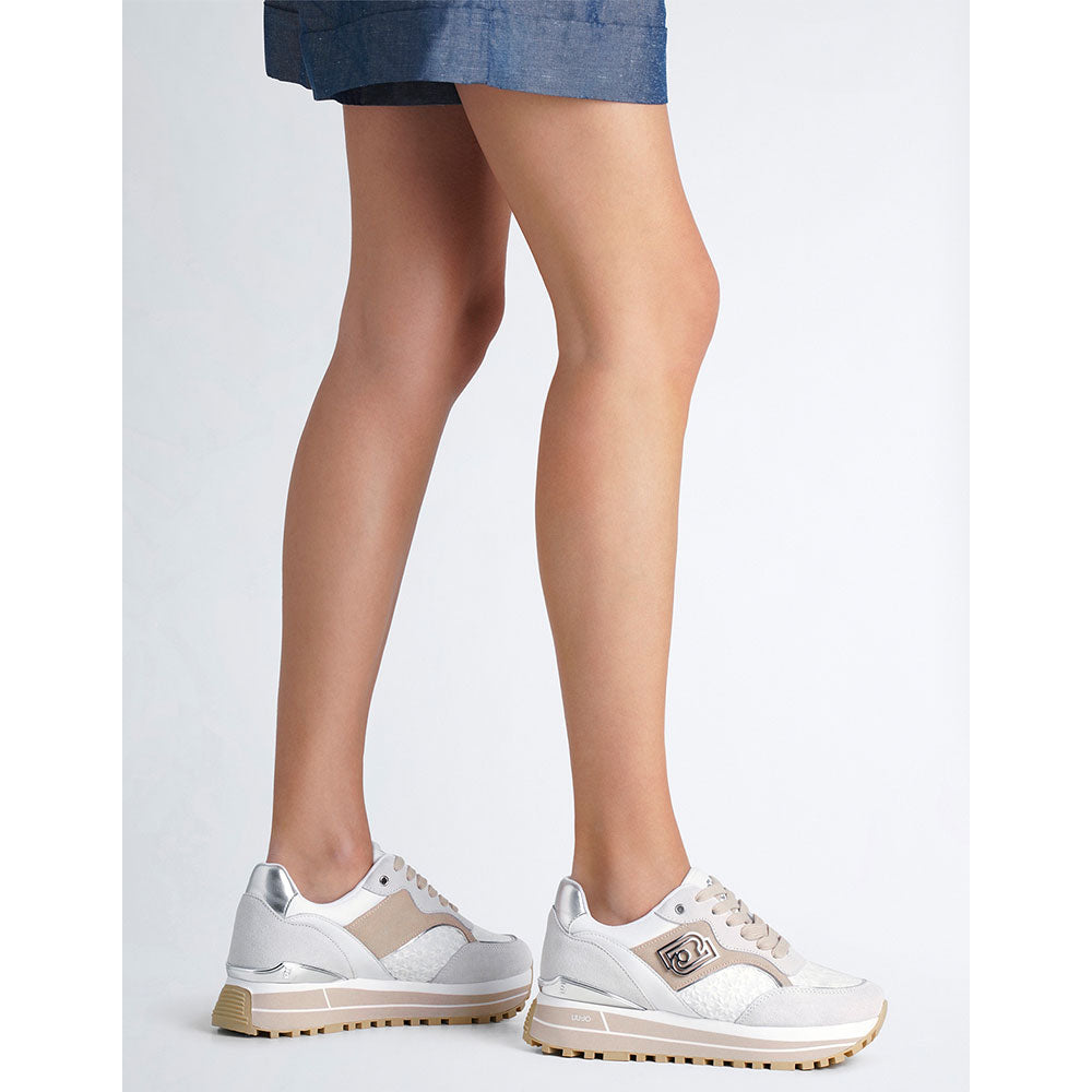 Sneakers Platform Donna LIU JO Maxi Wonder 73 in Suede e Ricamo Floreale Off White