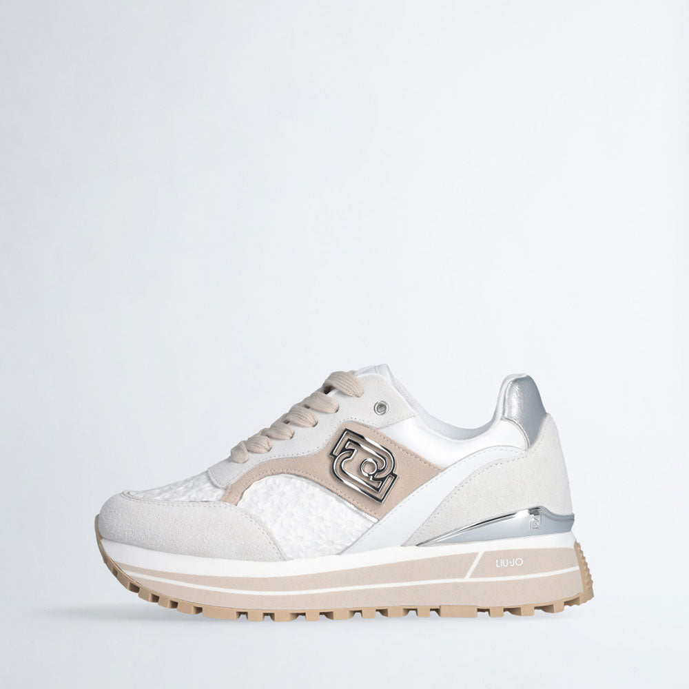 Sneakers Platform Donna LIU JO Maxi Wonder 73 in Suede e Ricamo Floreale Off White