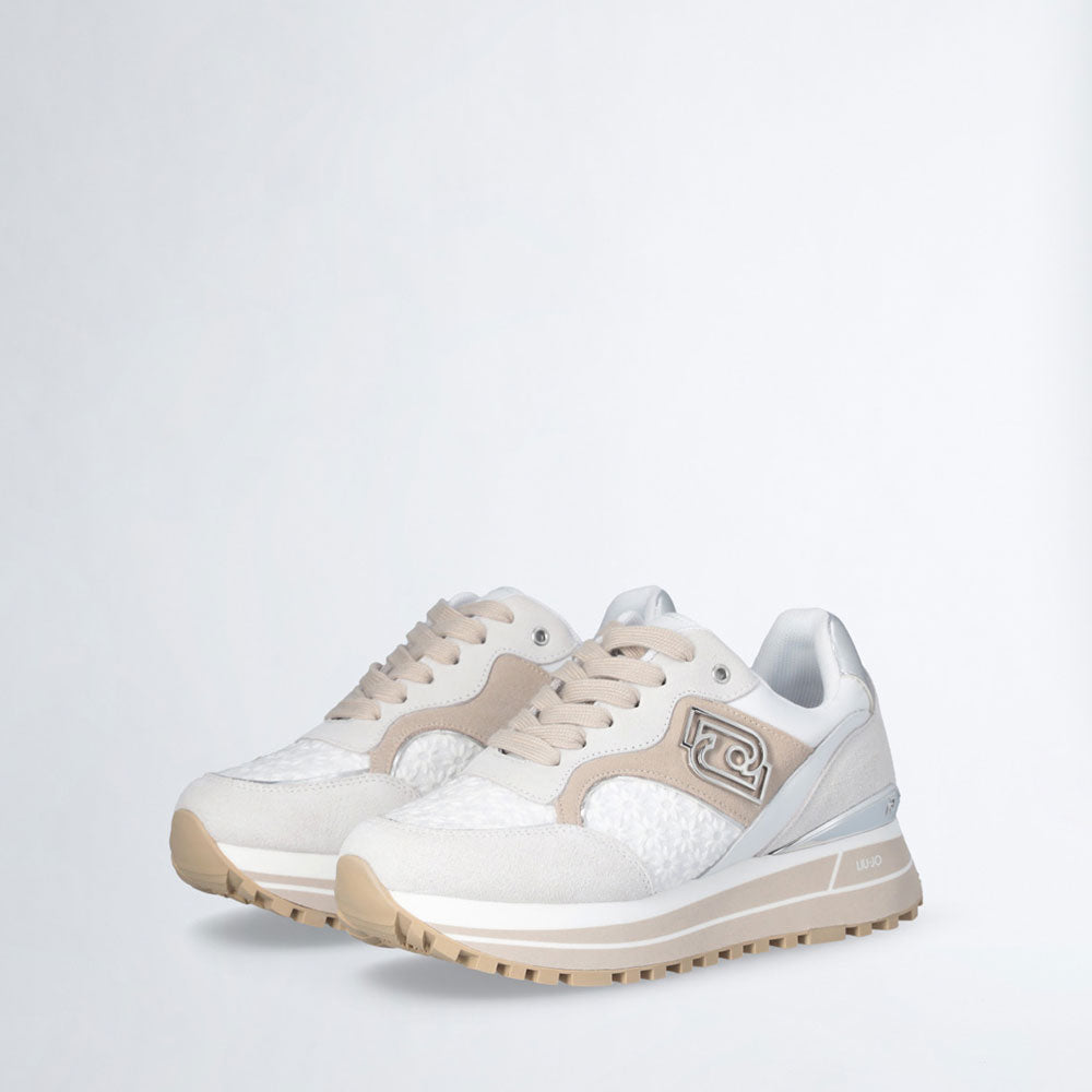 Sneakers Platform Donna LIU JO Maxi Wonder 73 in Suede e Ricamo Floreale Off White