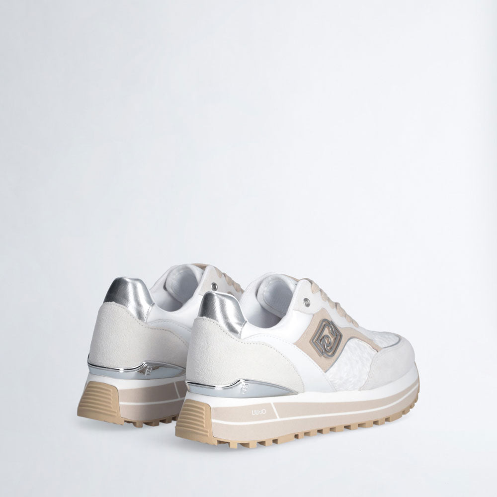 Sneakers Platform Donna LIU JO Maxi Wonder 73 in Suede e Ricamo Floreale Off White