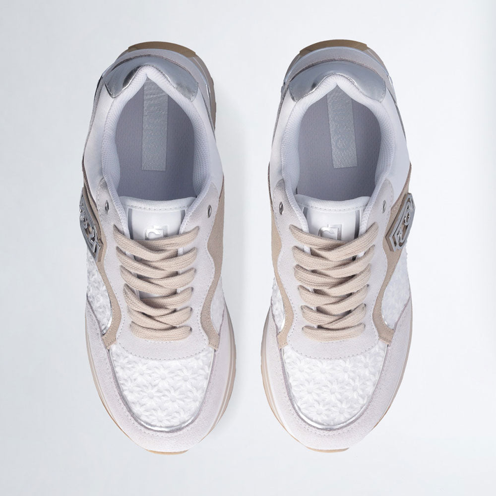 Sneakers Platform Donna LIU JO Maxi Wonder 73 in Suede e Ricamo Floreale Off White