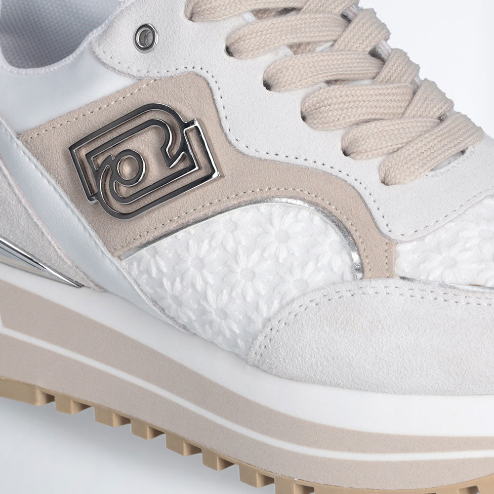 Sneakers Platform Donna LIU JO Maxi Wonder 73 in Suede e Ricamo Floreale Off White