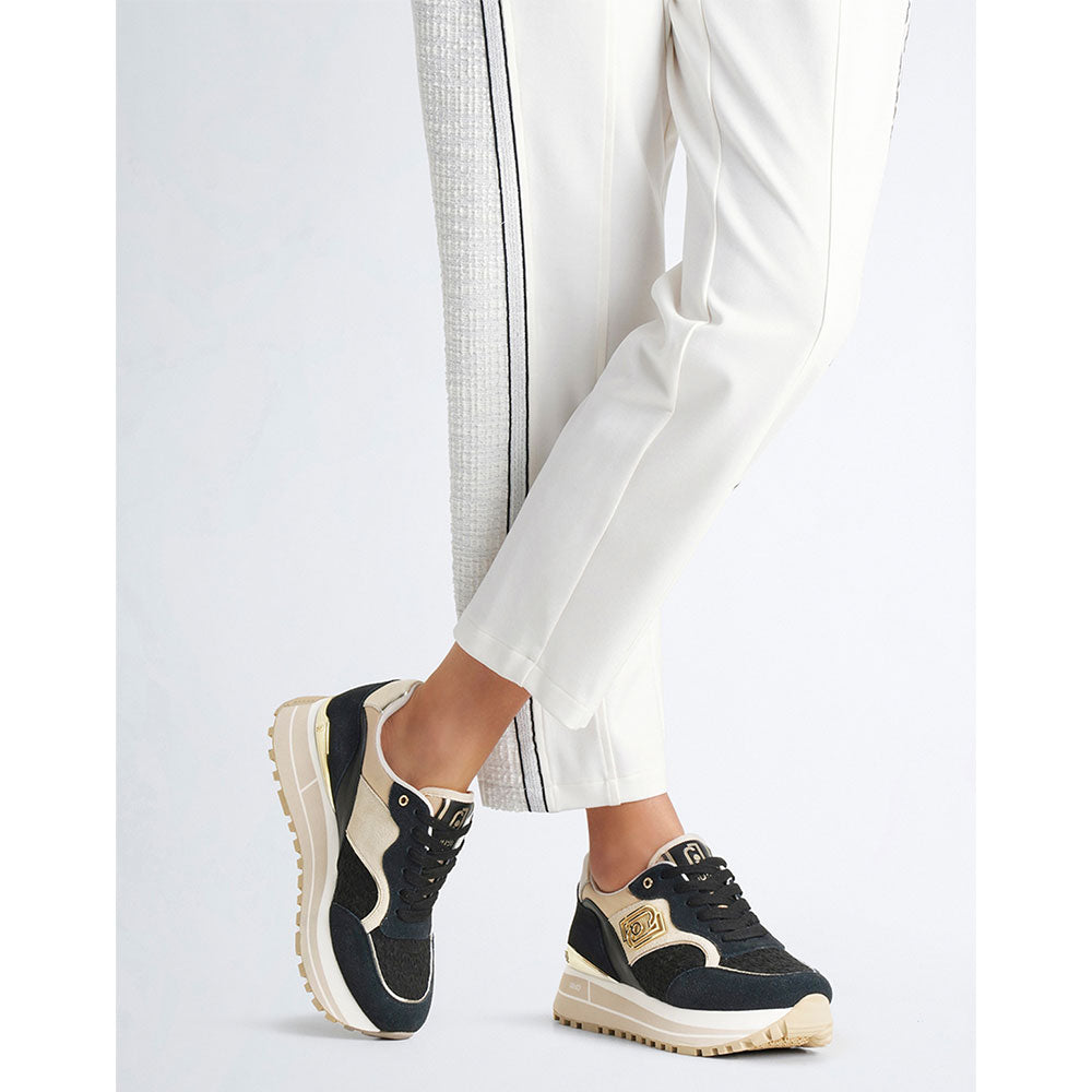 Sneakers Platform Donna LIU JO Maxi Wonder 73 in Suede e Ricamo Floreale Black