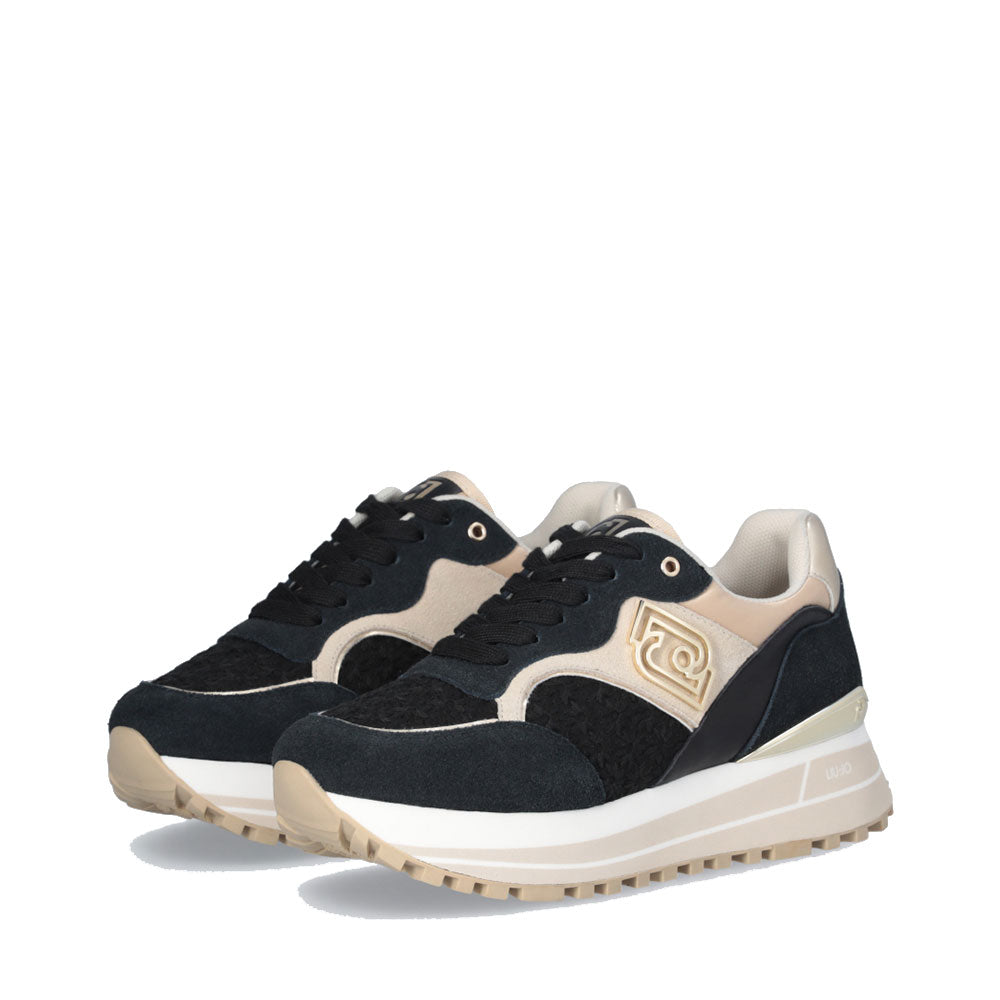Sneakers Platform Donna LIU JO Maxi Wonder 73 in Suede e Ricamo Floreale Black