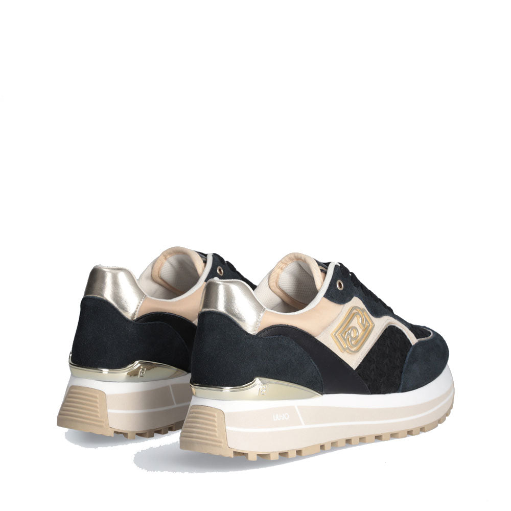 Sneakers Platform Donna LIU JO Maxi Wonder 73 in Suede e Ricamo Floreale Black