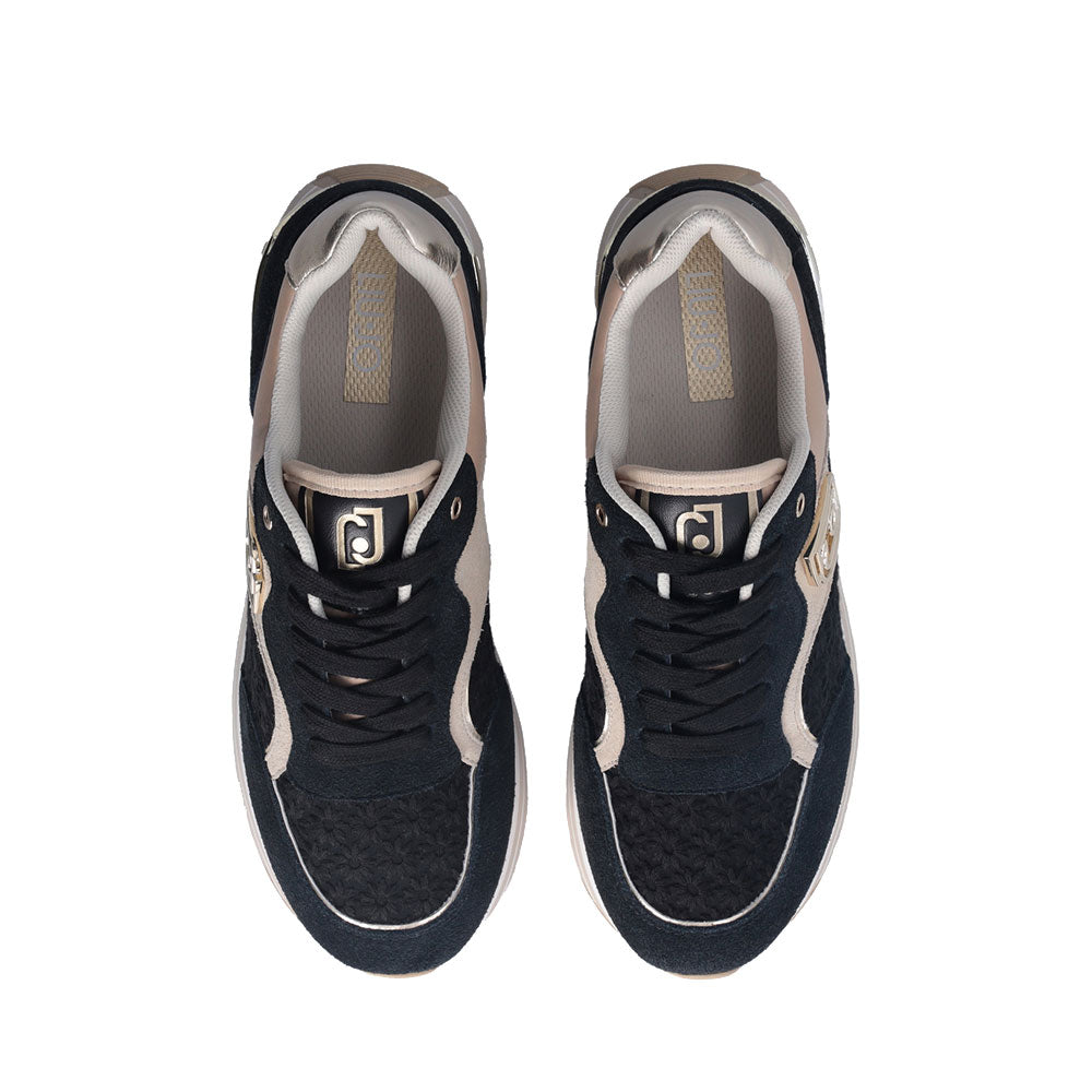 Sneakers Platform Donna LIU JO Maxi Wonder 73 in Suede e Ricamo Floreale Black