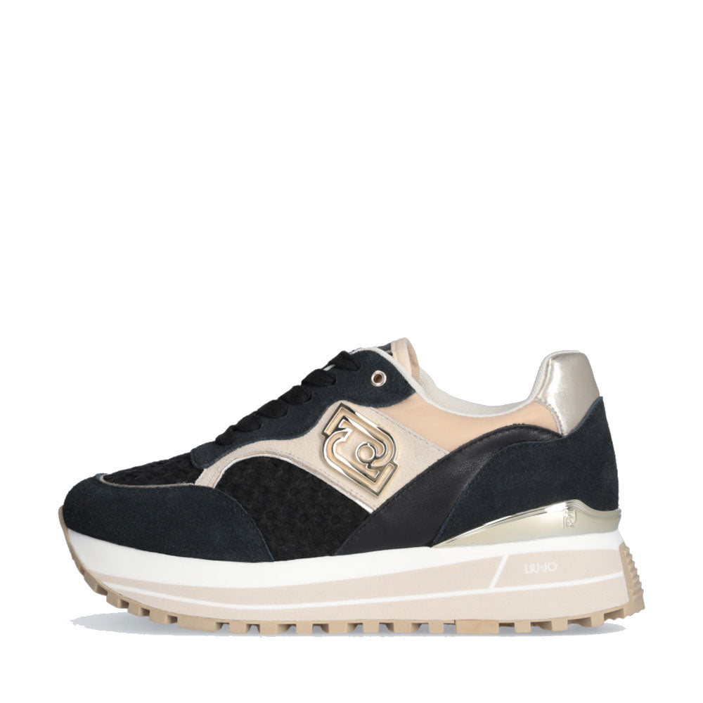 Sneakers Platform Donna LIU JO Maxi Wonder 73 in Suede e Ricamo Floreale Black