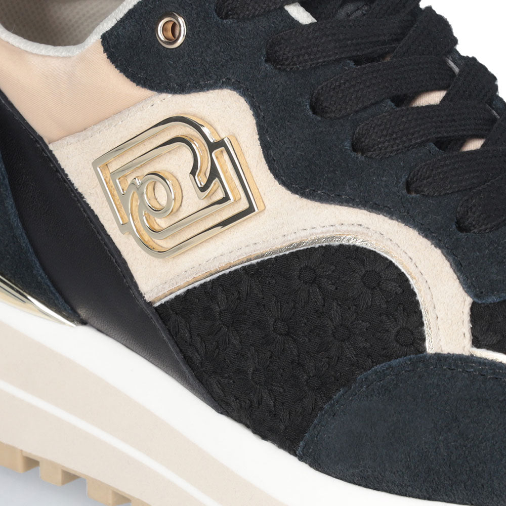 Sneakers Platform Donna LIU JO Maxi Wonder 73 in Suede e Ricamo Floreale Black