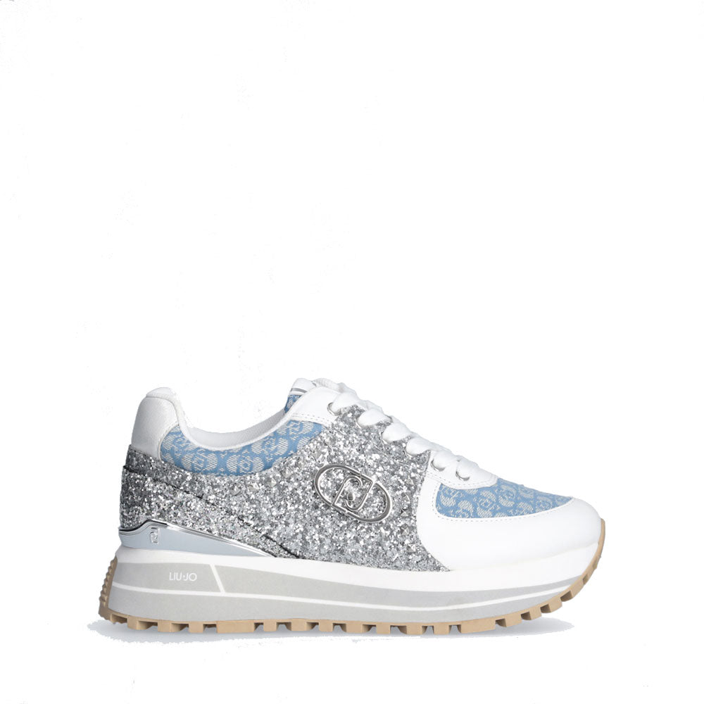 LIU JO Maxi Wonder 87 
Plateau-Sneaker für Damen aus Monogramm-Denim-Stoff mit Glitzereinsätzen