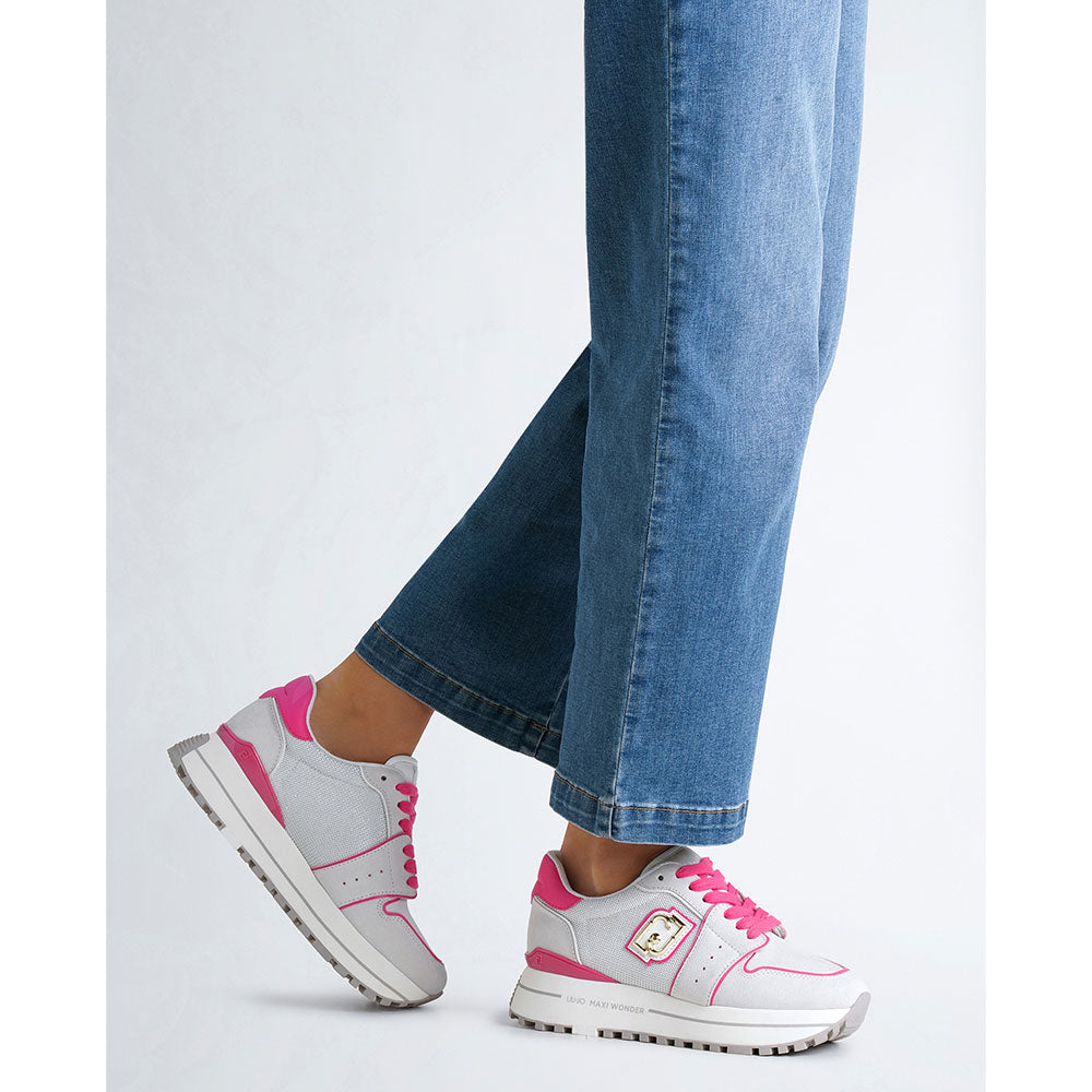 LIU JO Maxi Wonder 85 
Damen Plateau-Sneaker aus Wildleder und Mesh Off White Pink Fluo