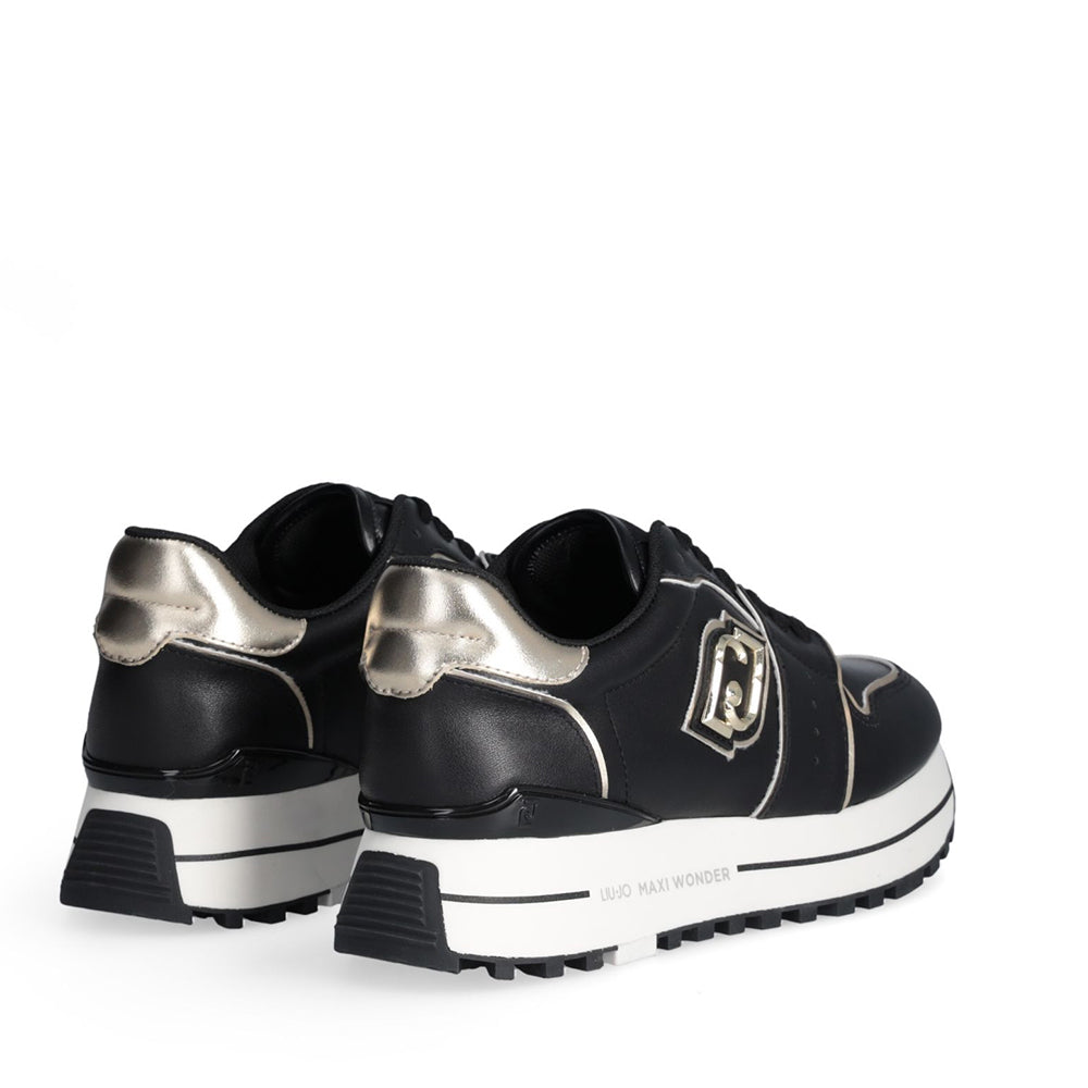 Sneakers Platform Donna LIU JO Maxi Wonder 85 in Pelle Nera con Inserti Laminati Oro