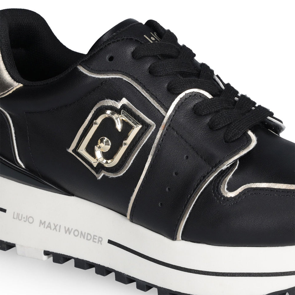 Sneakers Platform Donna LIU JO Maxi Wonder 85 in Pelle Nera con Inserti Laminati Oro