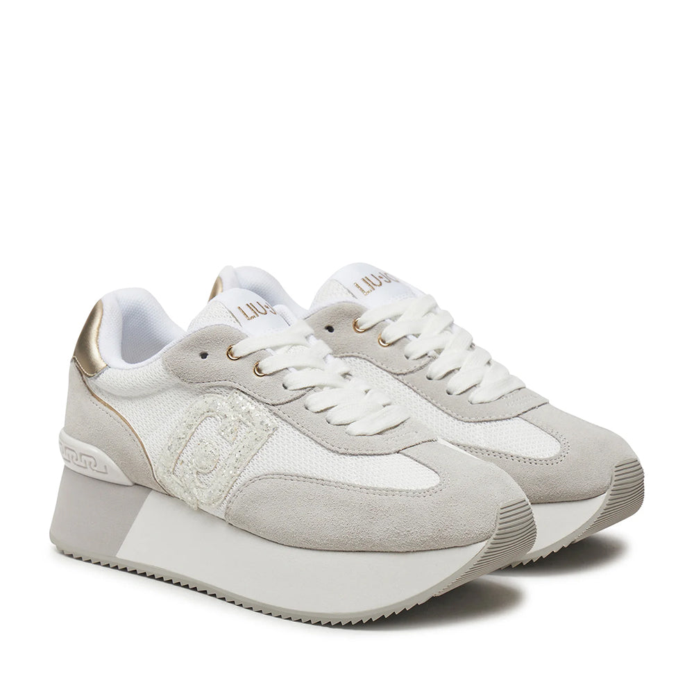 LIU JO Dreamy 02
Plateau Sneaker aus Wildleder und Mesh mit Glitter Purity Light Gold Logo