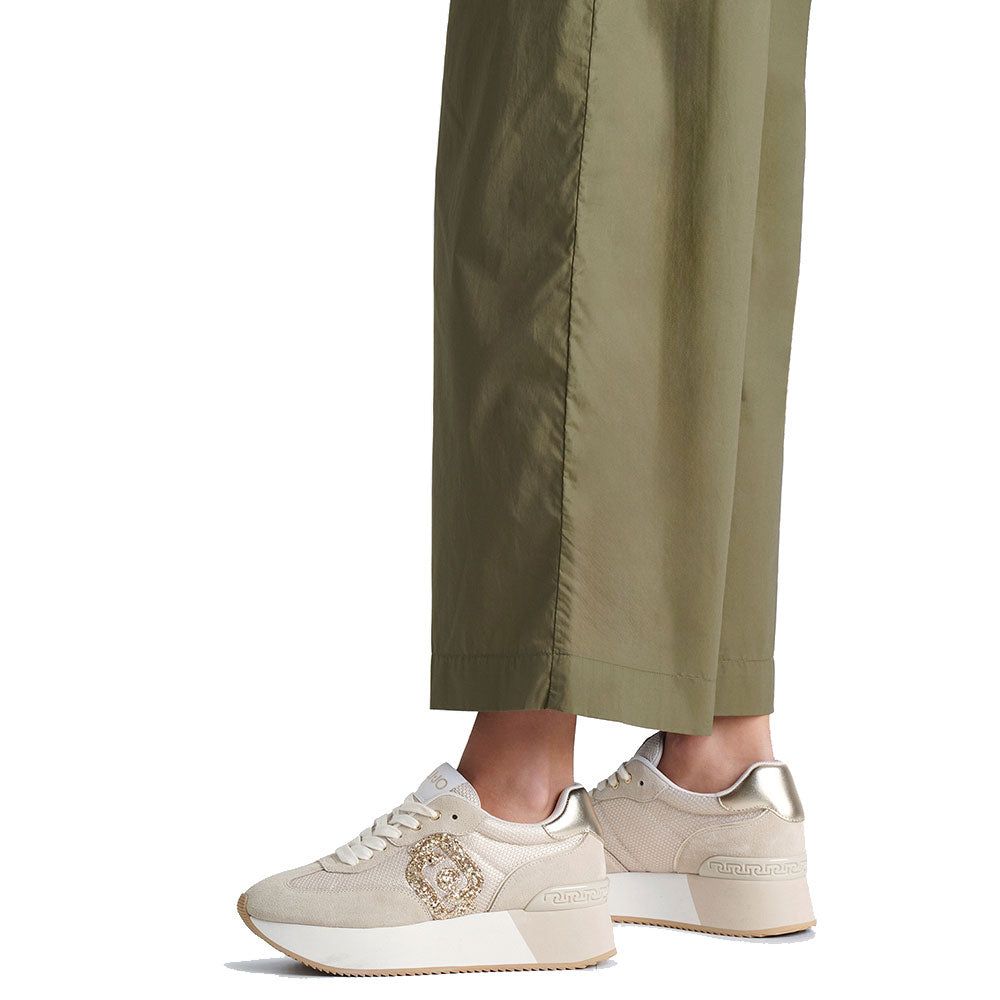 Sneakers Platform LIU JO Dreamy 02 in Suede e Mesh con Logo Glitter Ecru Light Gold