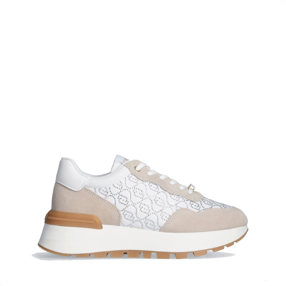 LIU JO Amazing 20 Plateau-Sneaker 
Damenschuhe aus sandfarbenem Wildleder und weißem Canvas mit Strasssteinen