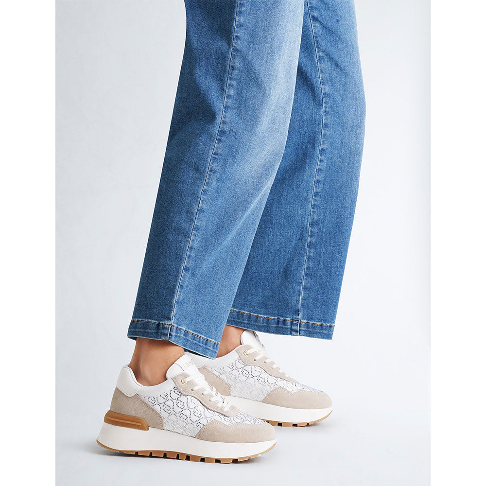 LIU JO Amazing 20 Plateau-Sneaker 
Damenschuhe aus sandfarbenem Wildleder und weißem Canvas mit Strasssteinen