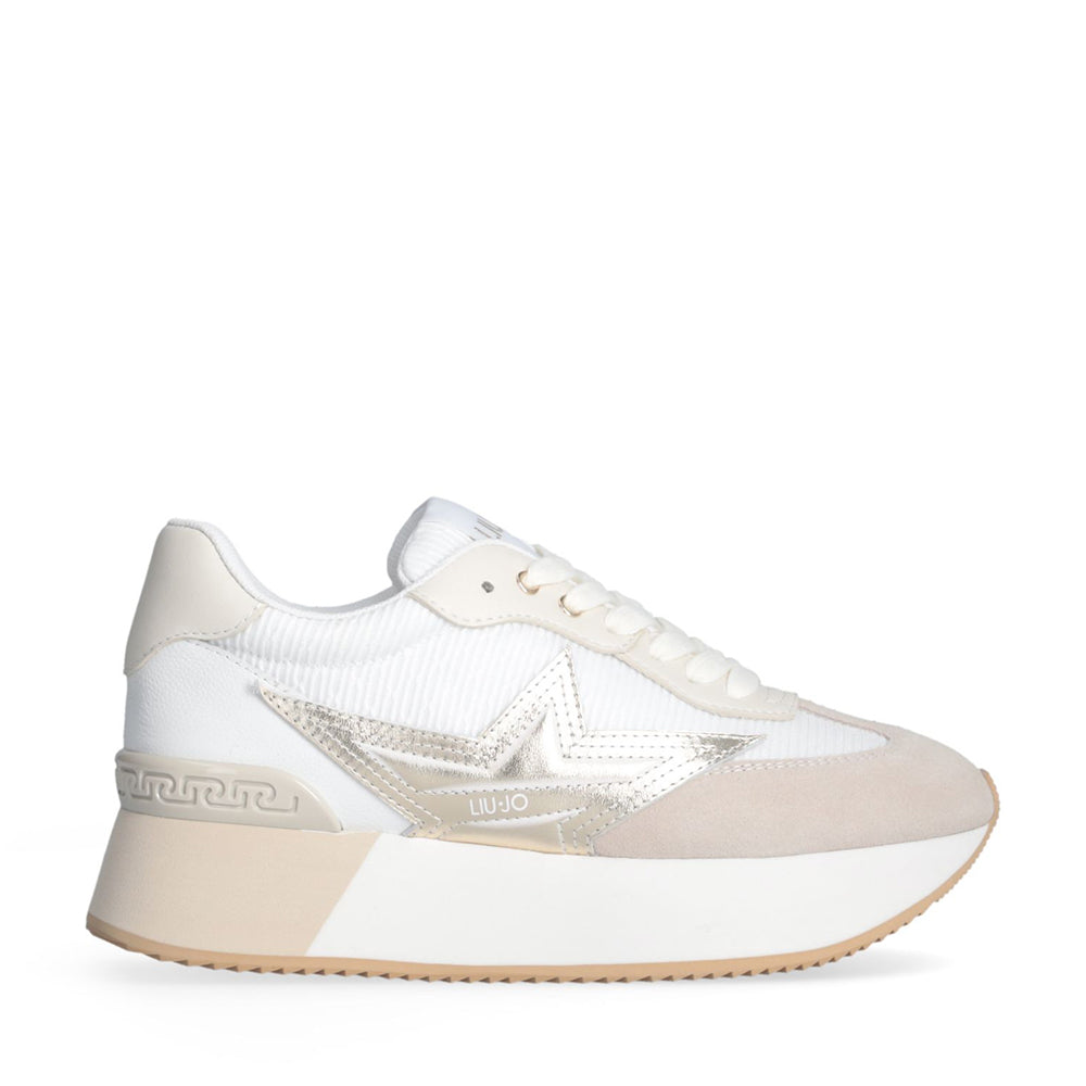 LIU JO Dreamy 03 
Plateau Sneaker für Damen aus weißem, hellgoldenem Wildleder und Mesh