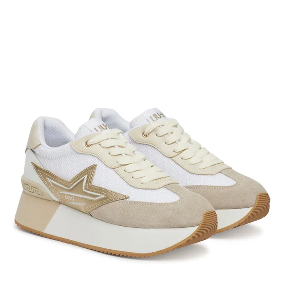 LIU JO Dreamy 03 
Plateau Sneaker für Damen aus weißem, hellgoldenem Wildleder und Mesh