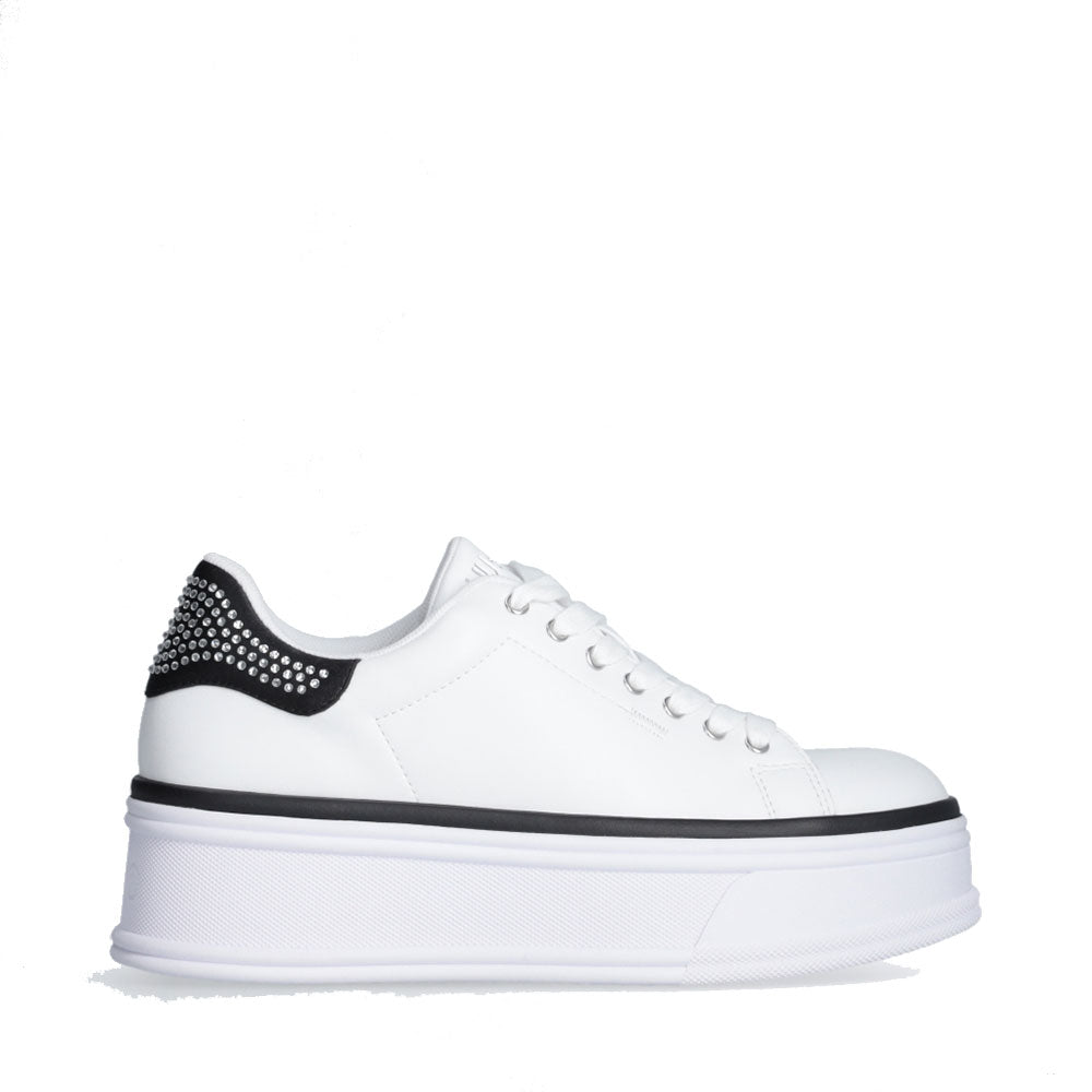 LIU JO Selma 16 Plateau-Sneaker aus weißem Leder mit schwarzem Satineinsatz mit Strasssteinen