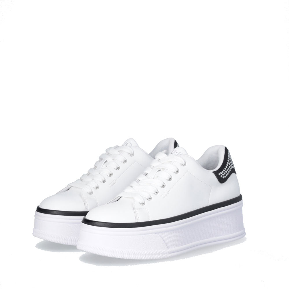 LIU JO Selma 16 Plateau-Sneaker aus weißem Leder mit schwarzem Satineinsatz mit Strasssteinen