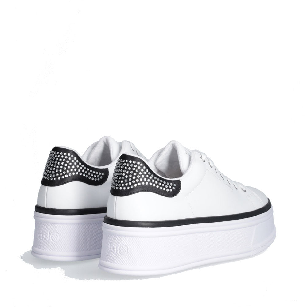LIU JO Selma 16 Plateau-Sneaker aus weißem Leder mit schwarzem Satineinsatz mit Strasssteinen