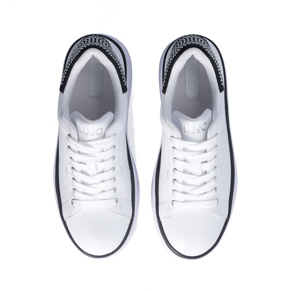 LIU JO Selma 16 Plateau-Sneaker aus weißem Leder mit schwarzem Satineinsatz mit Strasssteinen