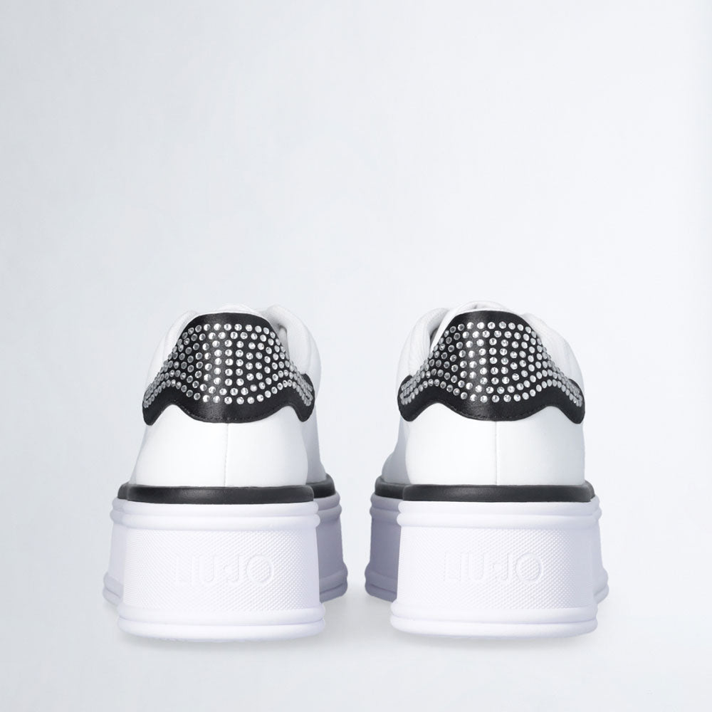 LIU JO Selma 16 Plateau-Sneaker aus weißem Leder mit schwarzem Satineinsatz mit Strasssteinen